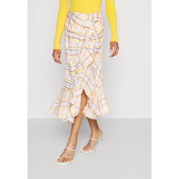 CINQ A SEPT Size 10 Patrice Plaide Ruched Ruffle Midi Skirt - Picture 2 of 7